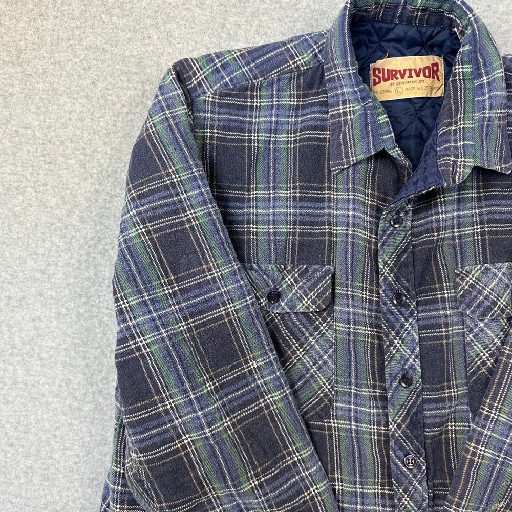 80s Vtg Survivor by Generation One Large Quilted Flannel Shirt Jacket Plaid Flaw